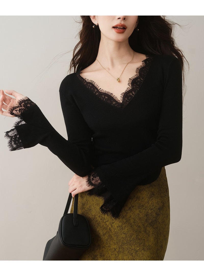 Sellcy women's Elegant Lace Trim Long Sleeve Knit Top Soft Slim Fit Daily Blouse,black color - Image 2